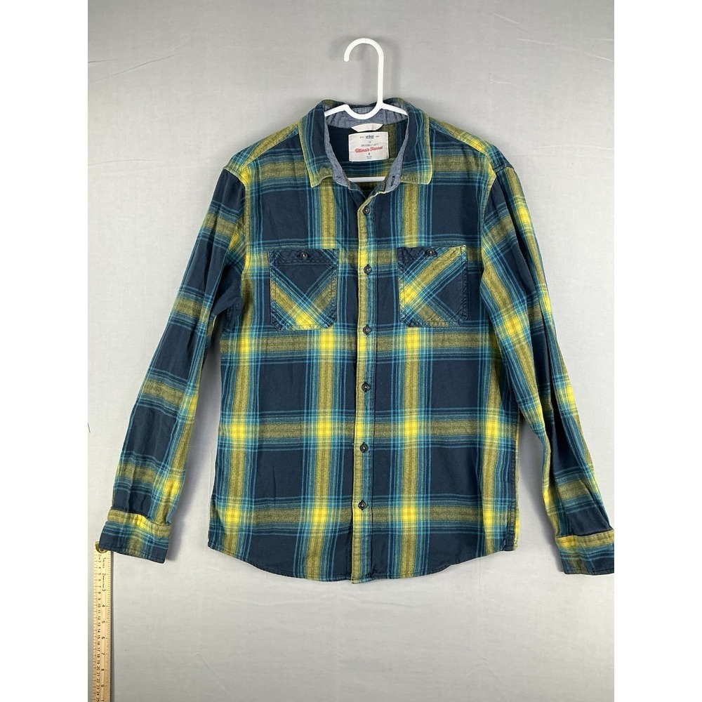 Ultimate Flannel Men's Medium Blue Yellow Plaid Button Up Shirt Soft Cotton